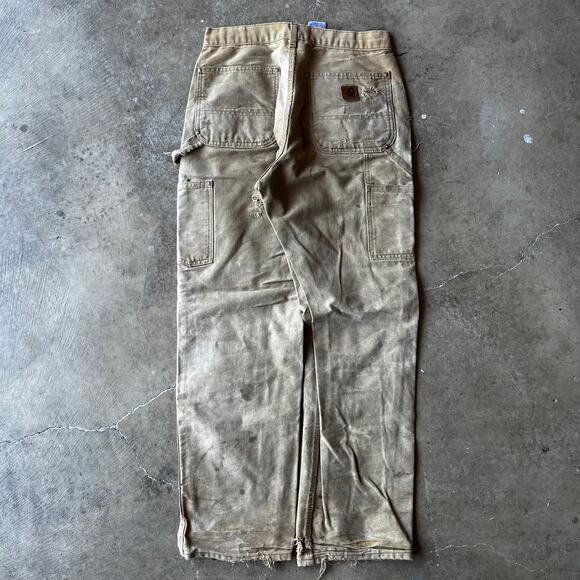 VINTAGE CARHARTT DOUBLE KNEE PANTS TAN B01 BRN USA FITS 30X30 THRASHED FADED - Picture 1 of 7